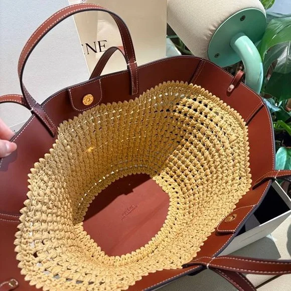 Polene Paris Crochet Straw Tote Bag Browm Leather Trim - Picture 3 of 10